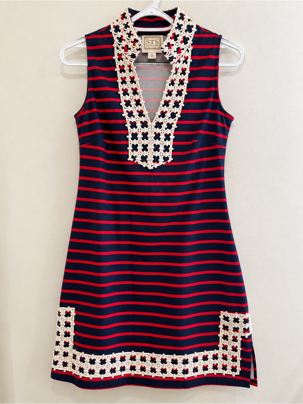 Sail to Sable Navy and Red Striped Sleeveless Dress with Cream Crochet Trim xs